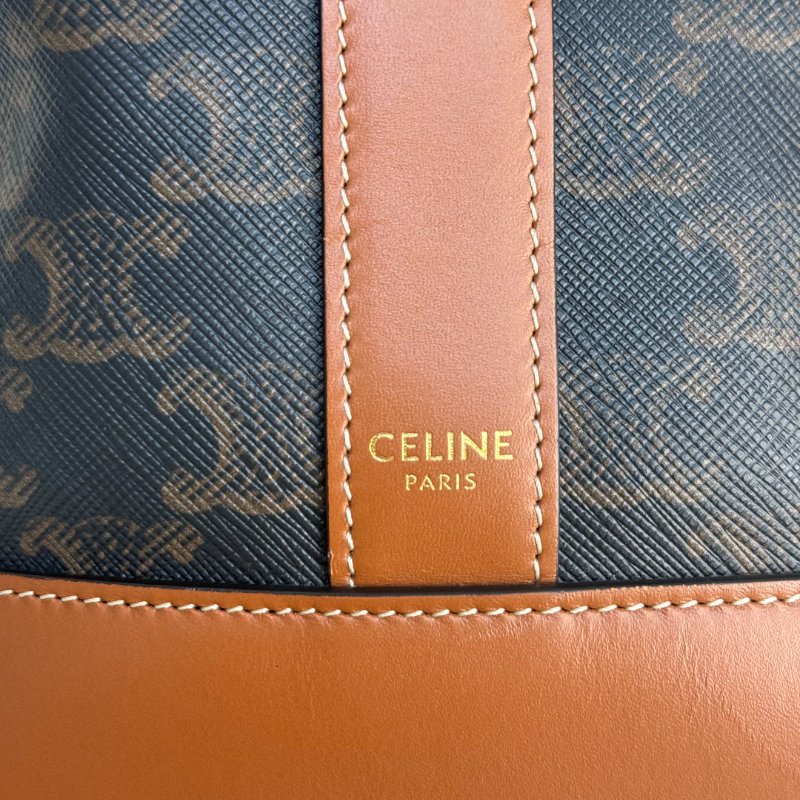 CELINE TRIOMPHE 黃褐色 老花 塗層帆布拼牛皮 小號 水桶包-7