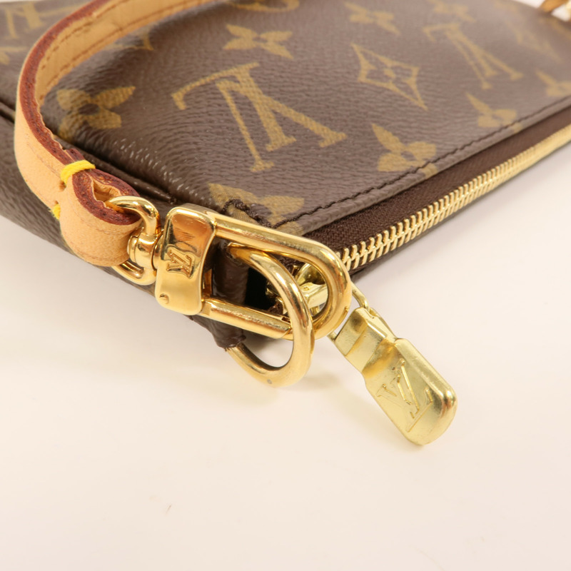 LOUIS VUITTON Monogram Pochette Accessoires金扣手挽袋棕色-7