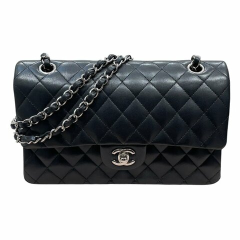 CHANEL 香奈兒 MATELASSE CF25 經典口蓋包 25公分 羊皮 黑色 銀釦