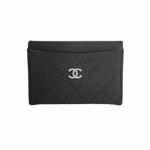 Chanel 牛皮純色雙C logo菱格絎縫卡包
