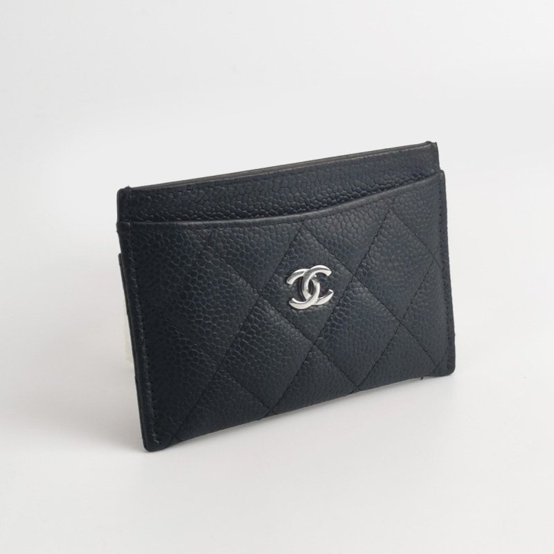 Chanel 牛皮純色雙C logo菱格絎縫卡包-2