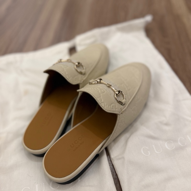 Gucci 經典馬銜釦 GG印花白色牛皮穆勒拖-0