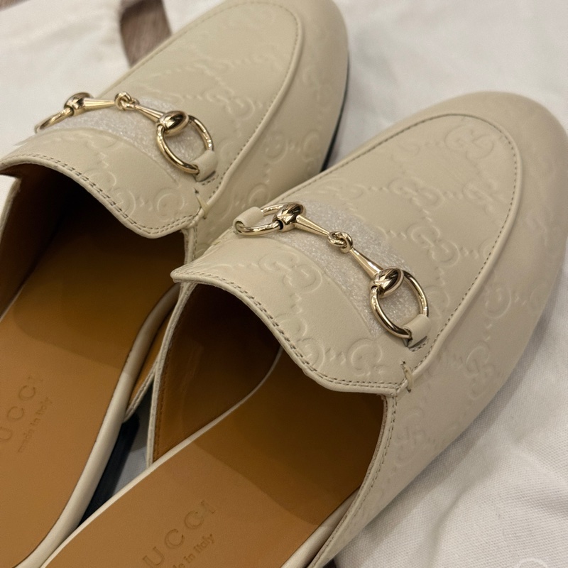 Gucci 經典馬銜釦 GG印花白色牛皮穆勒拖-2