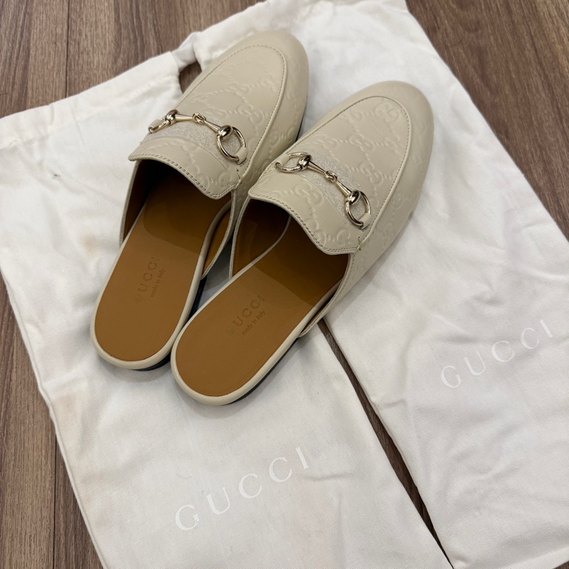 Gucci 經典馬銜釦 GG印花白色牛皮穆勒拖-11