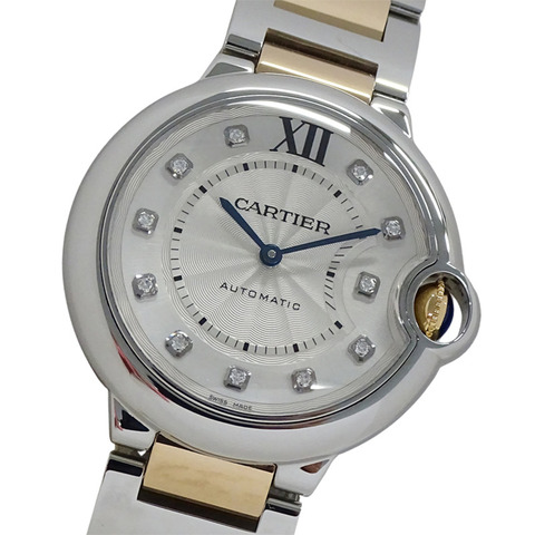 卡地亞 Ballon Bleu 男孩自動腕錶，鑲嵌 11 顆鑽石，不鏽鋼 (SS) 和玫瑰金 (PG)，型號 WE902031。