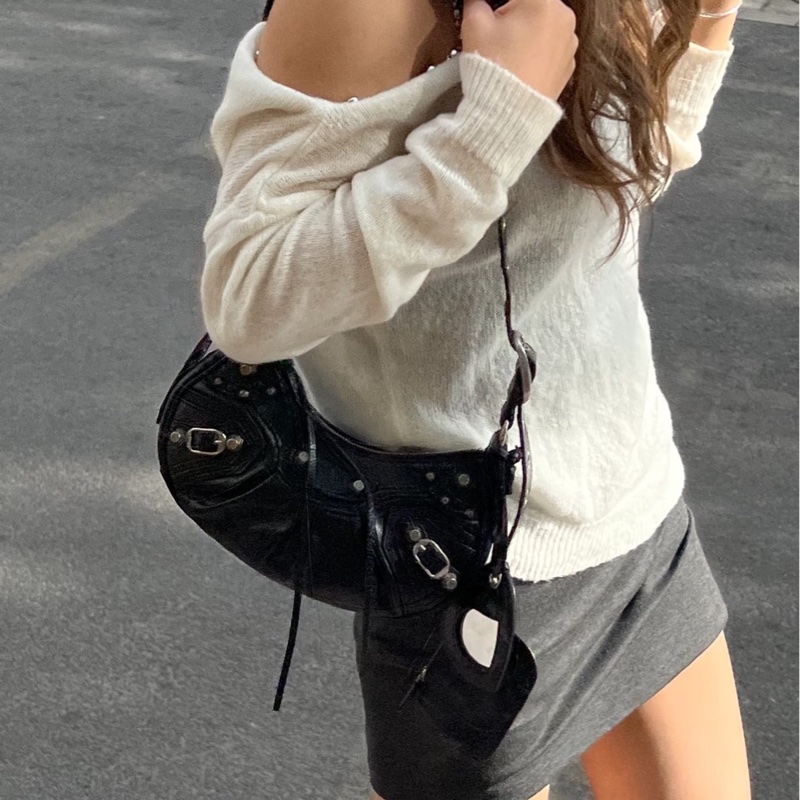 99新 Balenciaga 巴黎世家 黑銀 le cagole系列 鉚釘機車包 含心形化妝鏡 單肩-6