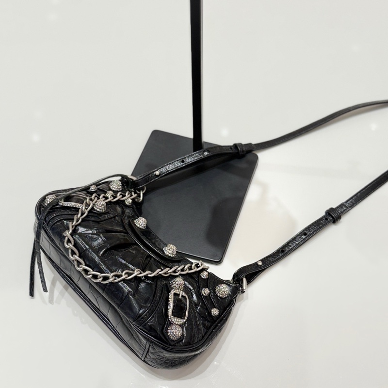 98新 Balenciaga 巴黎世家 Le Cagole鰐魚壓紋mini鑽扣月牙機車包-3