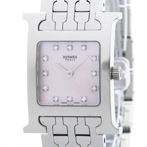 愛馬仕 H 系列女士腕錶，鑲鑽粉紅色珍珠母貝錶盤，型號 HH1.210，拋光處理