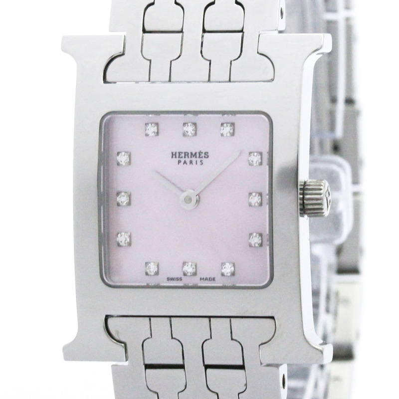 愛馬仕 H 系列女士腕錶，鑲鑽粉紅色珍珠母貝錶盤，型號 HH1.210，拋光處理-0