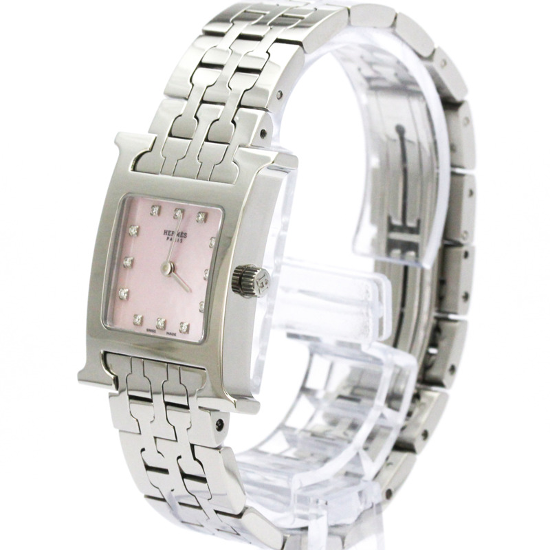 愛馬仕 H 系列女士腕錶，鑲鑽粉紅色珍珠母貝錶盤，型號 HH1.210，拋光處理-1