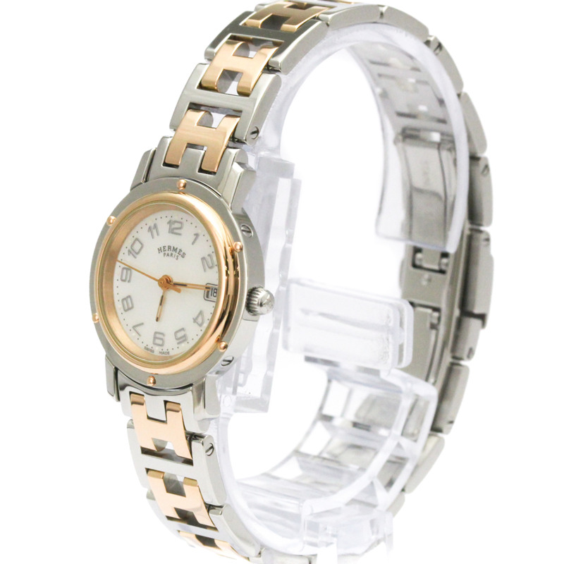 愛馬仕 Clipper 珍珠母貝錶盤粉金鍍層精鋼腕錶 CL4.221 拋光-1