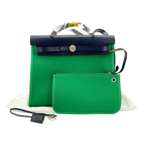 Hermes 愛馬仕 99新存放品綠色herbag帆布拼皮手提單肩包
