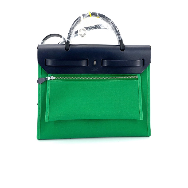 Hermes 愛馬仕 99新存放品綠色herbag帆布拼皮手提單肩包-1