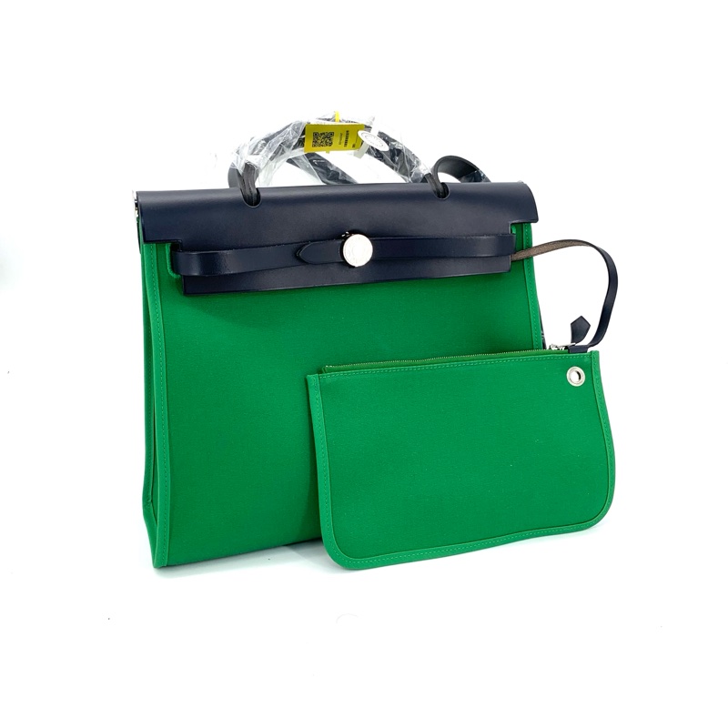 Hermes 愛馬仕 99新存放品綠色herbag帆布拼皮手提單肩包-2