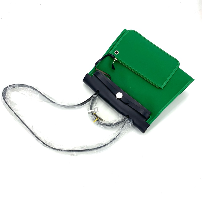 Hermes 愛馬仕 99新存放品綠色herbag帆布拼皮手提單肩包-5