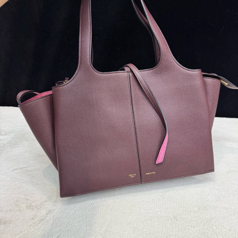 Celine賽琳 荔枝紋牛皮紫色 tri fold蝙蝠包98新-6