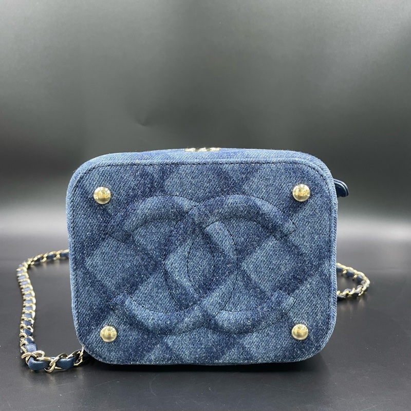 香奈兒/Chanel深藍色牛仔丹寧化妝盒手提斜挎包 15*11*12 芯片款-2