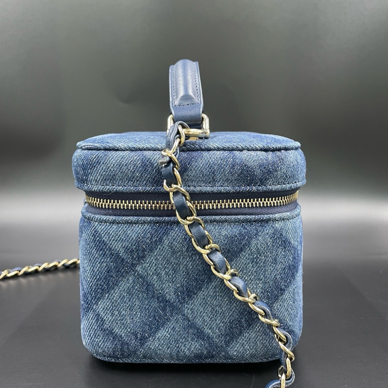 香奈兒/Chanel深藍色牛仔丹寧化妝盒手提斜挎包 15*11*12 芯片款-3