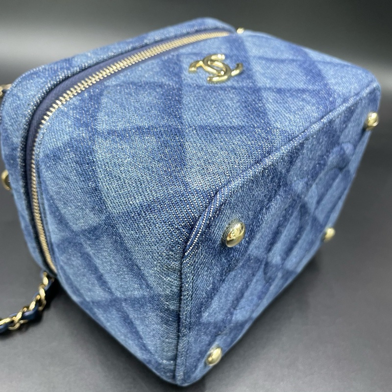 香奈兒/Chanel深藍色牛仔丹寧化妝盒手提斜挎包 15*11*12 芯片款-5