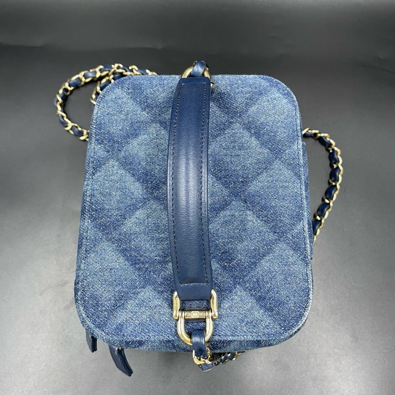 香奈兒/Chanel深藍色牛仔丹寧化妝盒手提斜挎包 15*11*12 芯片款-7