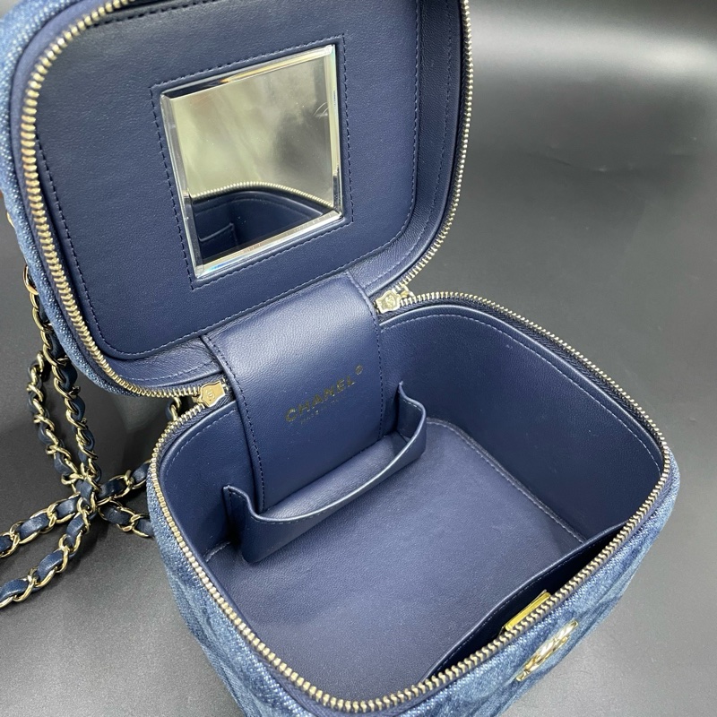 香奈兒/Chanel深藍色牛仔丹寧化妝盒手提斜挎包 15*11*12 芯片款-8