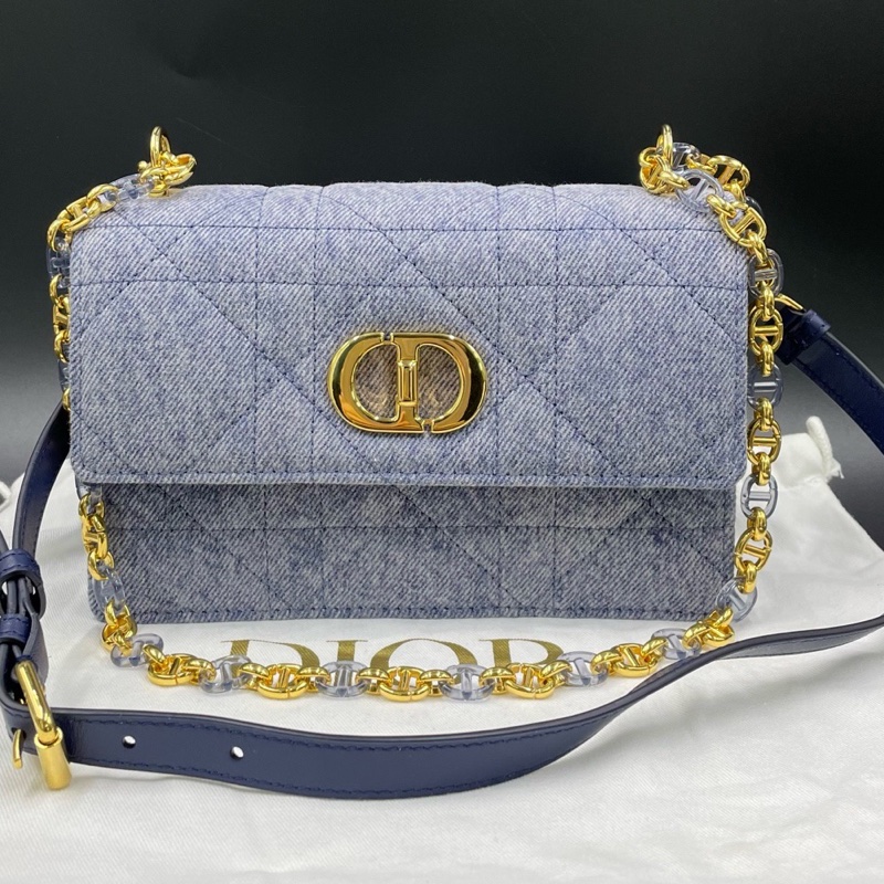 迪奧/Dior藍色牛仔Caro迷你藤格紋CD扭扣單肩斜挎包 19*12 24年…-0