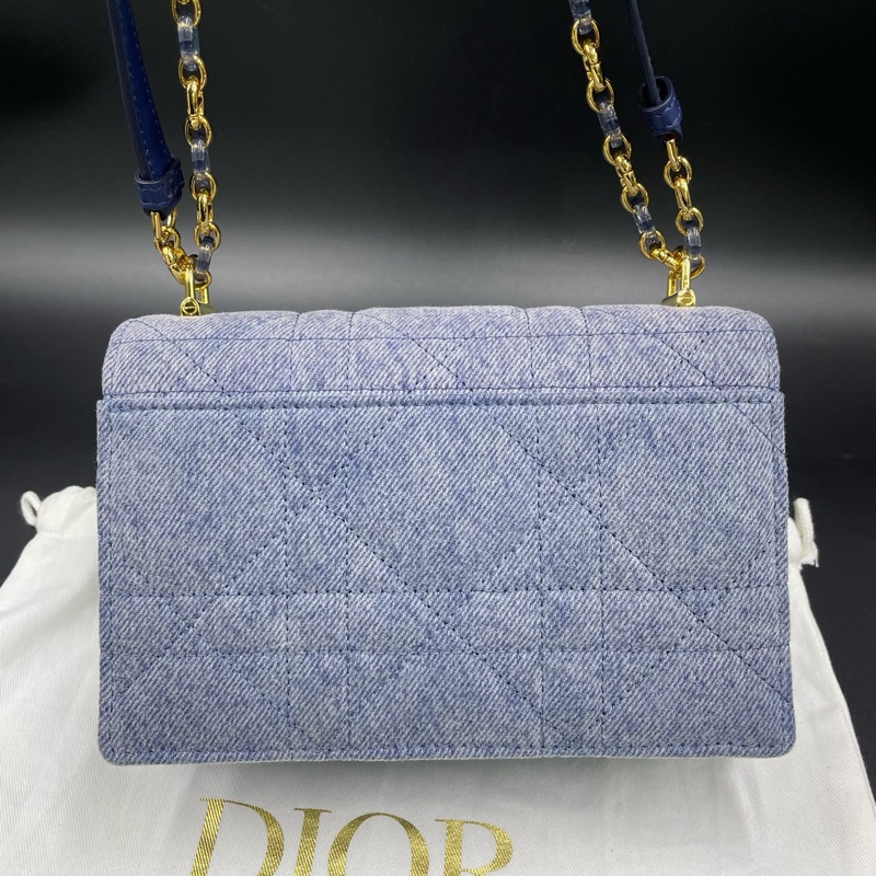 迪奧/Dior藍色牛仔Caro迷你藤格紋CD扭扣單肩斜挎包 19*12 24年…-1