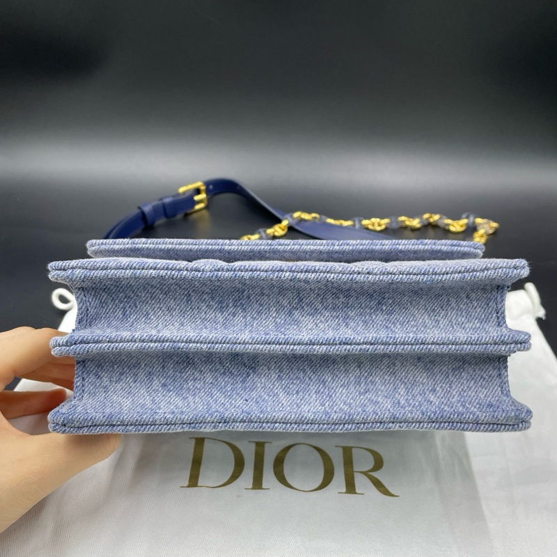 迪奧/Dior藍色牛仔Caro迷你藤格紋CD扭扣單肩斜挎包 19*12 24年…-2