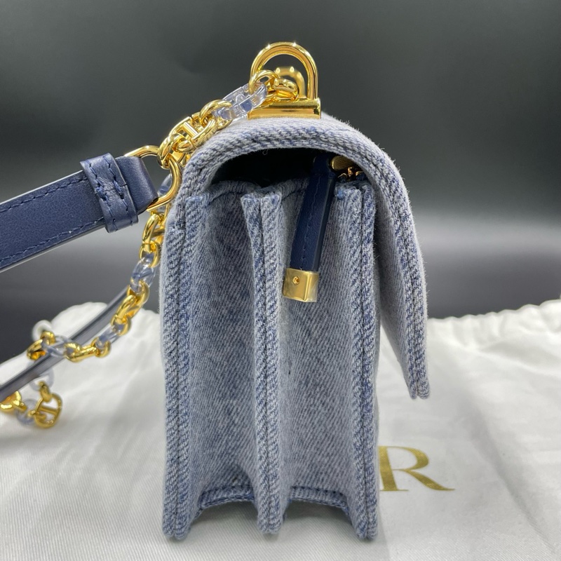 迪奧/Dior藍色牛仔Caro迷你藤格紋CD扭扣單肩斜挎包 19*12 24年…-3