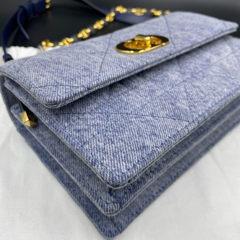 迪奧/Dior藍色牛仔Caro迷你藤格紋CD扭扣單肩斜挎包 19*12 24年…-5