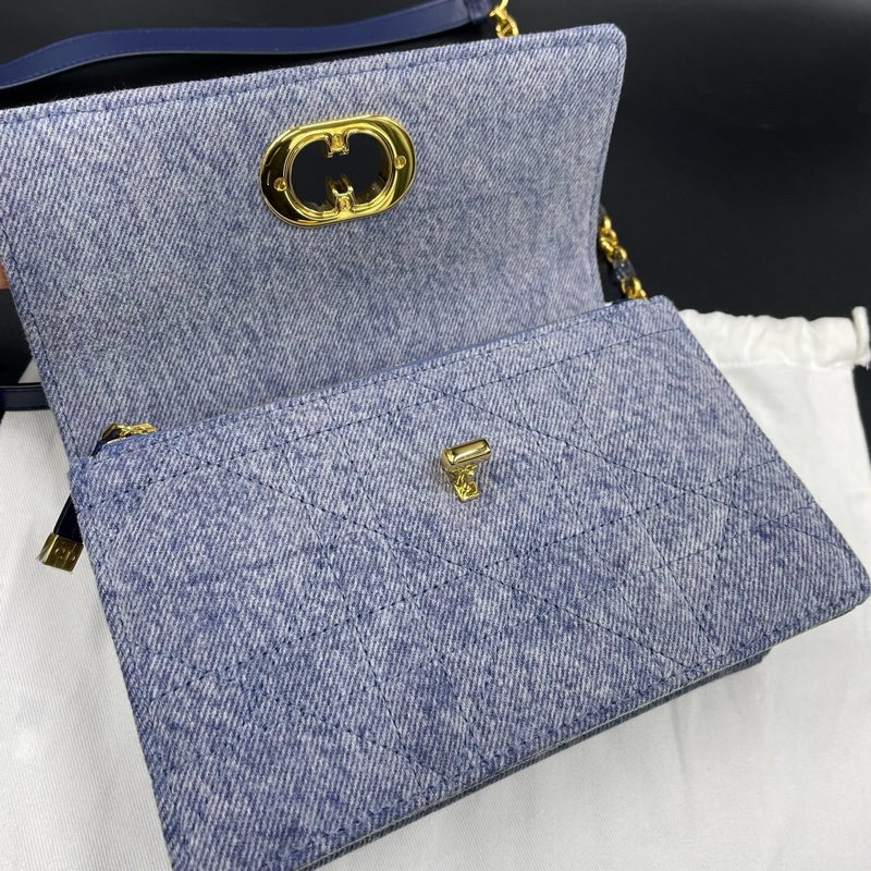 迪奧/Dior藍色牛仔Caro迷你藤格紋CD扭扣單肩斜挎包 19*12 24年…-7