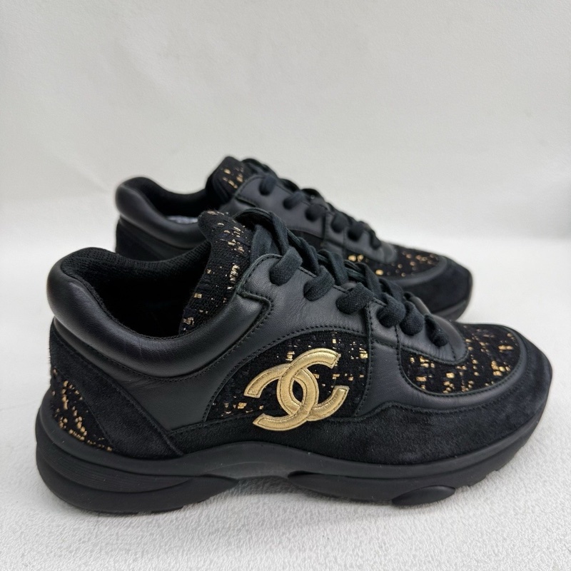 CHANEL香奈兒 黑金色 粗花呢運動鞋 CC 36碼-3