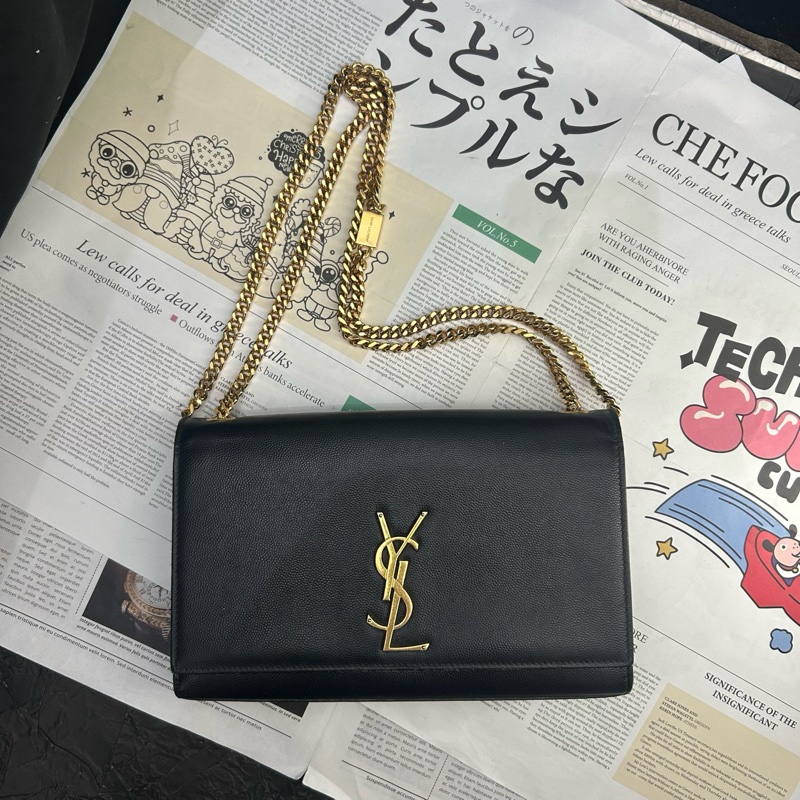 97新 YSL聖羅蘭 Kate中號金標Logo魚子醬面黑色金鍊條單肩斜挎包質感很好 尺寸約：24-0