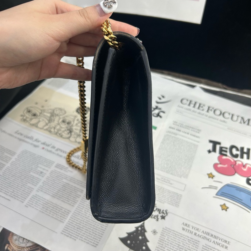 97新 YSL聖羅蘭 Kate中號金標Logo魚子醬面黑色金鍊條單肩斜挎包質感很好 尺寸約：24-4