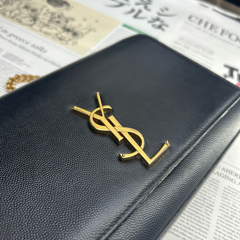 97新 YSL聖羅蘭 Kate中號金標Logo魚子醬面黑色金鍊條單肩斜挎包質感很好 尺寸約：24-6