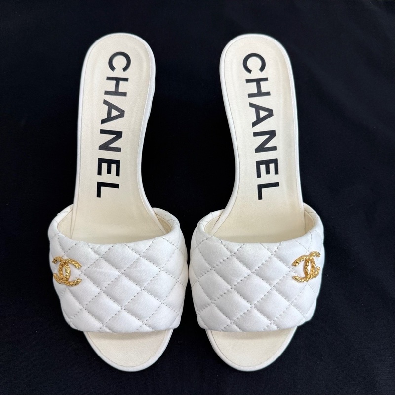 CHANEL香奈兒 羊皮革高跟 米白色菱格紋皮質  37.5碼-1