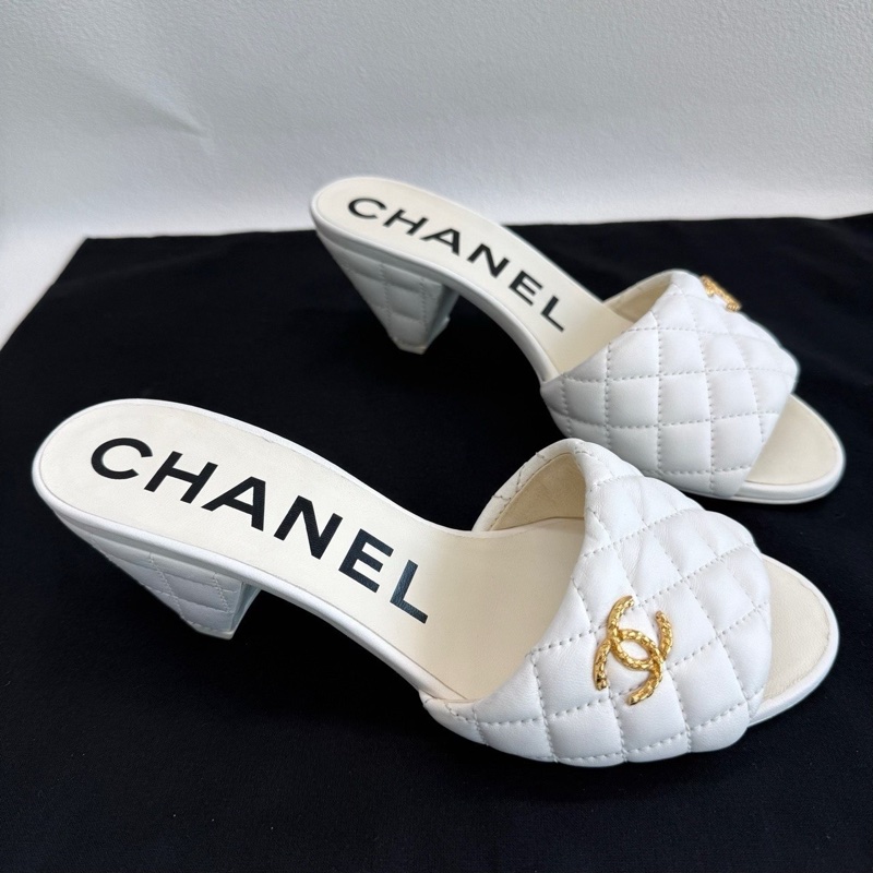 CHANEL香奈兒 羊皮革高跟 米白色菱格紋皮質  37.5碼-2