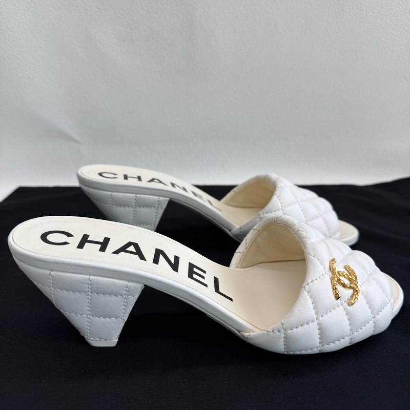 CHANEL香奈兒 羊皮革高跟 米白色菱格紋皮質  37.5碼-3