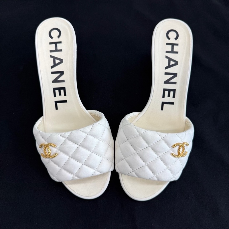 CHANEL香奈兒 羊皮革高跟 米白色菱格紋皮質  37.5碼-8