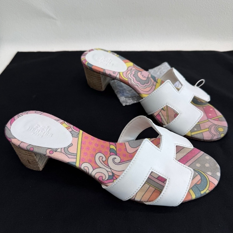 HERMES 愛馬仕 Oasis 小牛皮印花拖鞋 白色 中跟 37碼-2