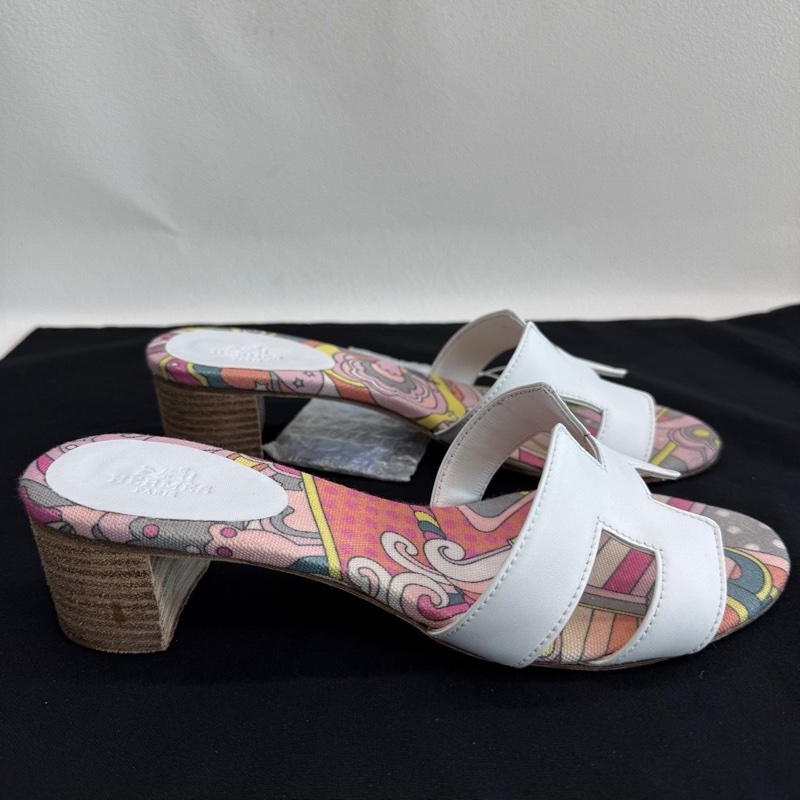 HERMES 愛馬仕 Oasis 小牛皮印花拖鞋 白色 中跟 37碼-3