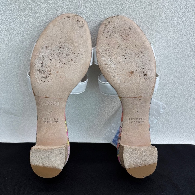 HERMES 愛馬仕 Oasis 小牛皮印花拖鞋 白色 中跟 37碼-6