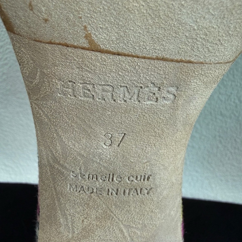 HERMES 愛馬仕 Oasis 小牛皮印花拖鞋 白色 中跟 37碼-7