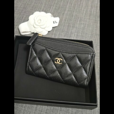 Chanel 香奈兒 L卡夾零錢包 黑色荔枝金釦 L拉鏈卡片零錢包