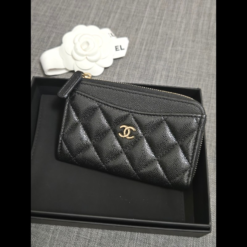 Chanel 香奈兒 L卡夾零錢包 黑色荔枝金釦 L拉鏈卡片零錢包-0