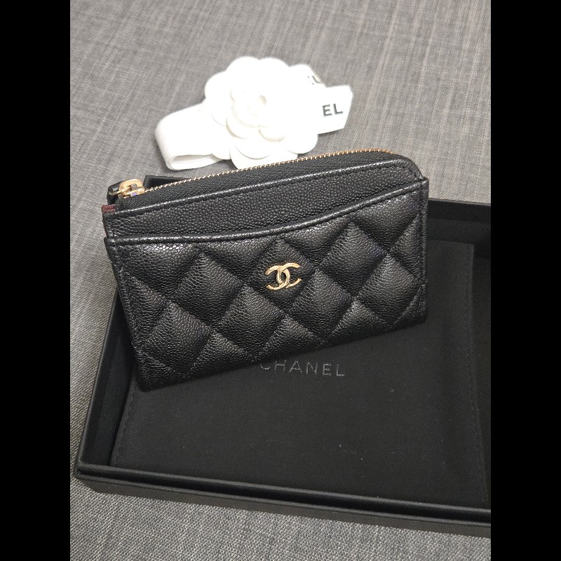 Chanel 香奈兒 L卡夾零錢包 黑色荔枝金釦 L拉鏈卡片零錢包-1