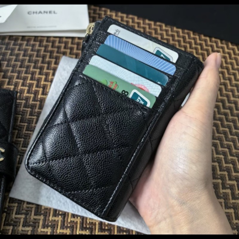 Chanel 香奈兒 L卡夾零錢包 黑色荔枝金釦 L拉鏈卡片零錢包-2