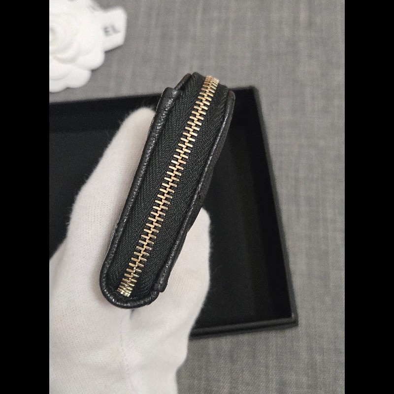 Chanel 香奈兒 L卡夾零錢包 黑色荔枝金釦 L拉鏈卡片零錢包-4