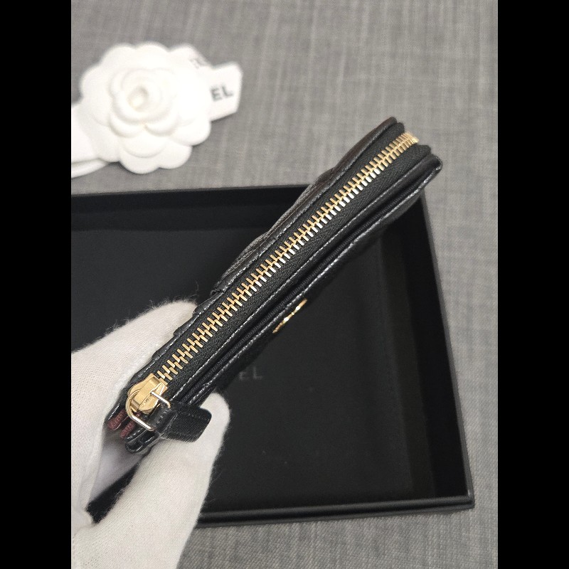 Chanel 香奈兒 L卡夾零錢包 黑色荔枝金釦 L拉鏈卡片零錢包-6