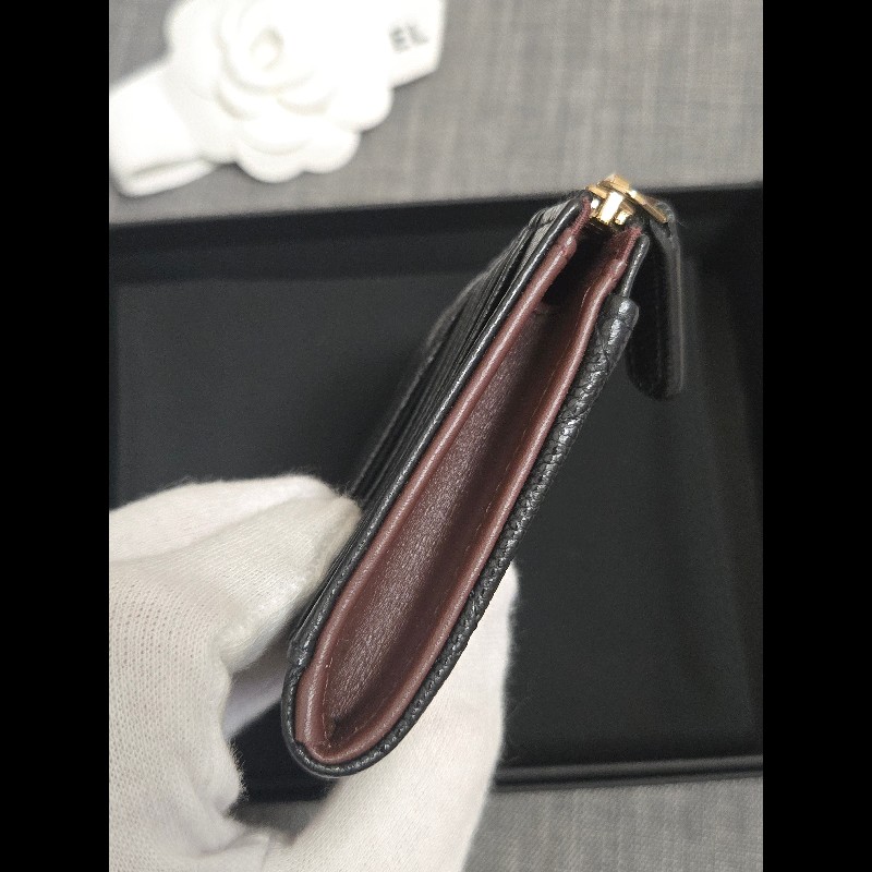 Chanel 香奈兒 L卡夾零錢包 黑色荔枝金釦 L拉鏈卡片零錢包-9
